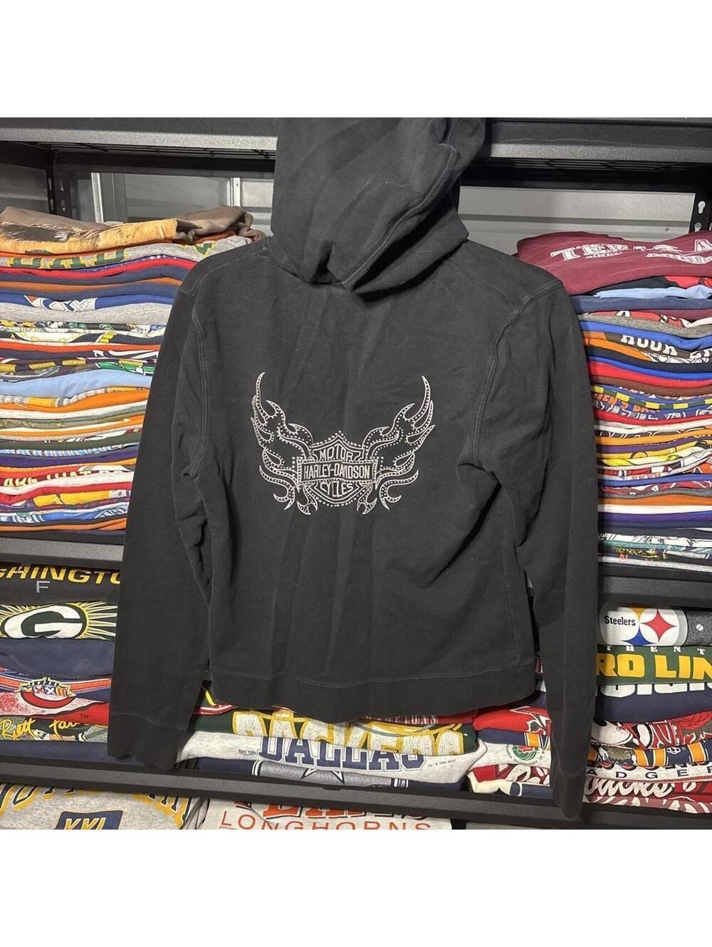 Vintage Y2K Harley Davidson Motor Cycles Bling Full Zip Hoodie Black M